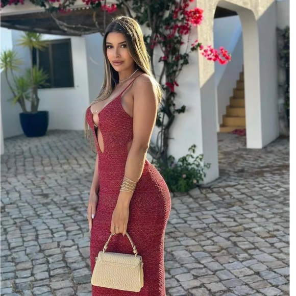 WOMAN MIDI STRAPPY METALLIC KNIT DRESS WITH BUCKLE CUT-OUT RED- NEW NEVER WORN - Picture 5 of 5